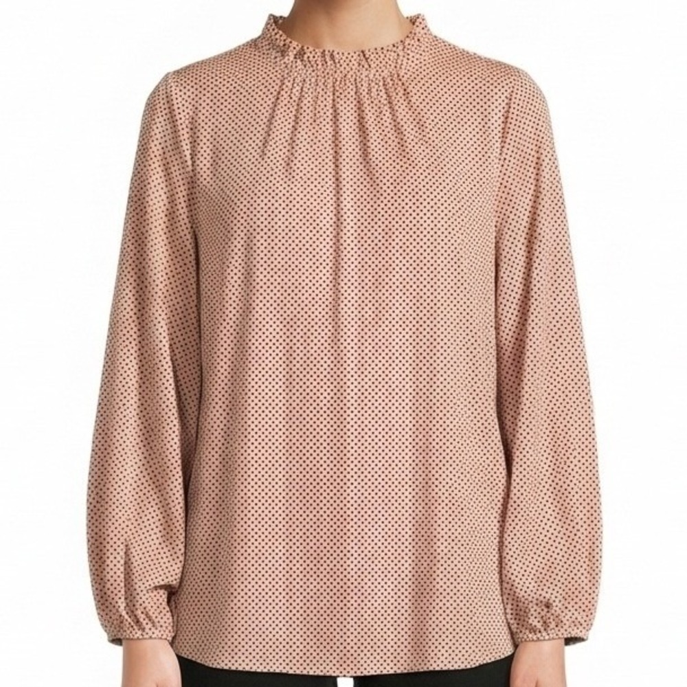 Adrianna Papell Blouse Womens Large Pink Polka Dot Pleated Ruffle Neck Top